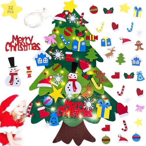 Felt Christmas Tree for Kids, Festwarm 3.2ft DIY Xmas Tree for Toddlers Wall Hanging, Felt Tree with 32 pcs Ornaments Christmas Decoration for Children