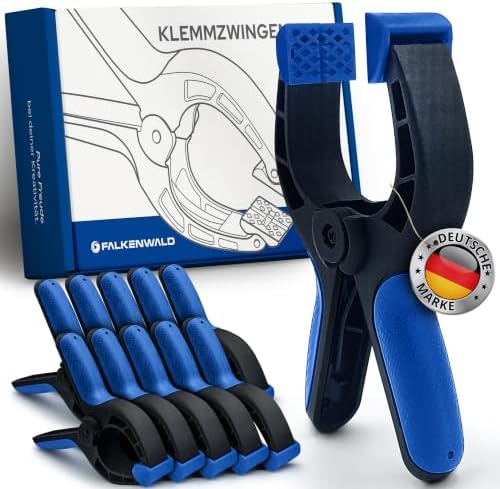 FALKENWALD Klemmzwingen 10er Set - Federzwingen, Spannweite 8,5cm | Klemmzwingen 10er Set mit Box - 12kg Spannkraft, gummierte Griffe, für Leimen, Modellbau, Foto