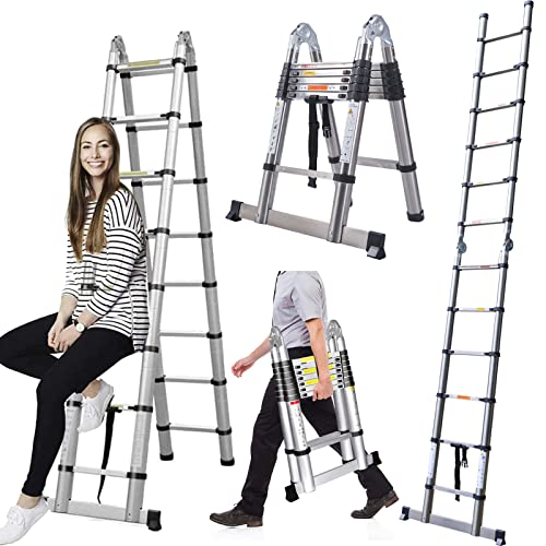 Escalera telescópica de acero inoxidable extensible plegable de 3,8 m con barra estabilizadora de escalera, 1,9 m + 1,9 m con marco en A, portátil, multiusos, capacidad de carga de 330 libras