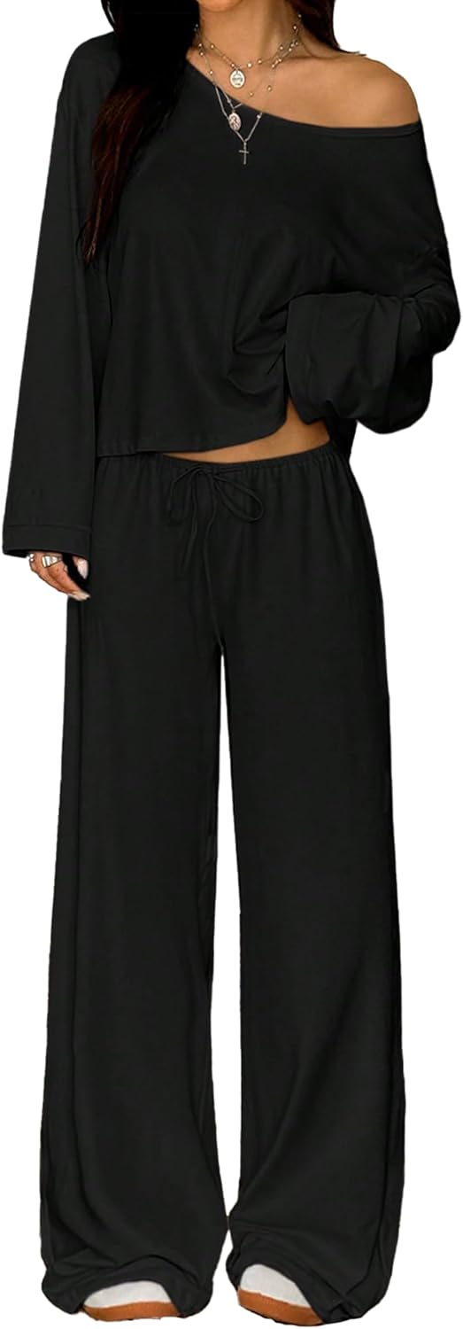 GFU Two Piece Matching Lounge Sets for Women Off Shoulder Sweatshirt Wide Leg Palazzo Pants for Fall, Vacation, Airport