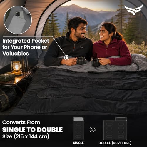 Image of Montaray by Xtrim Horizon 280 Sleeping Bag with Hood & Pillow, 280 GSM Polyester, Waterproof Camping Convertible Duvet, for Temp 12C to -3C