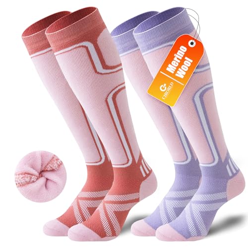 Cirorld 2 Paar Skisocken aus Merinowolle für Damen Herren, Wärmende Wolle Thermosocken Dicke Wintersocken für Kaltes Wetter, Schnee, Skifahren, Snowboarden, Rosa&Violett 39-42