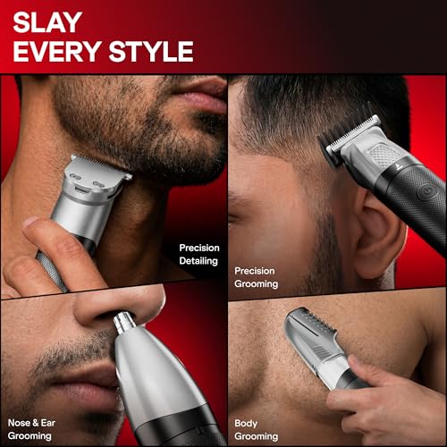 Image of boAt Slazer K100+ Full Body Trimmer for Men, 200 Min Run-Time, Stainless Steel + Ceramic, IPX6, Beard, Body, Nose, Type C, MultiGroomer, Battery Display & Travel Lock, All-in-one (Ninja Black)