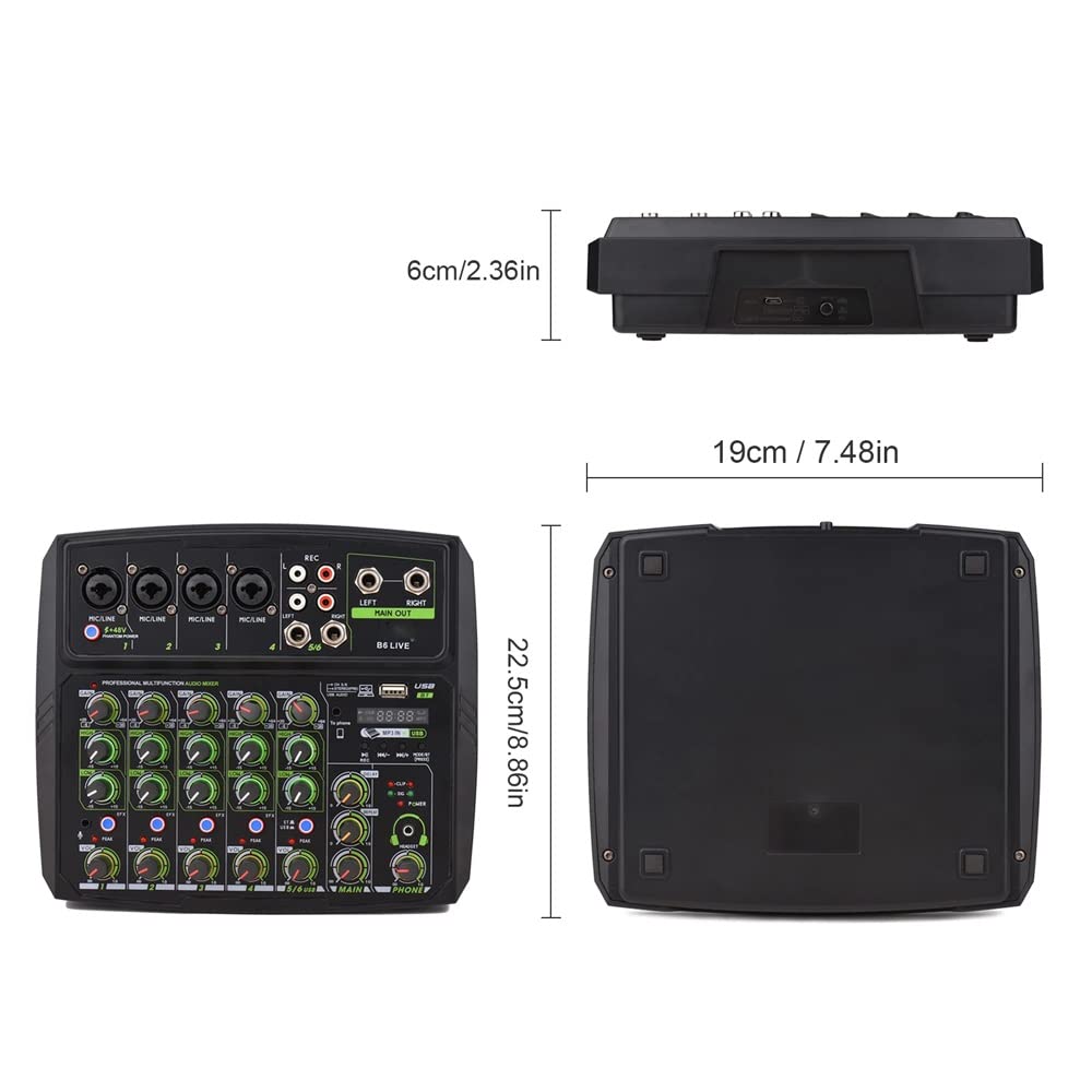 6-K Audio Mixer Mischpult LED Bildschirm Eingebaute Soundkarte BT Anschluss mit 2-Band EQ Gain Delay Control