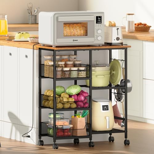 Rolling Kitchen Storage Microwave Cart, Kitchen Island with Adjustable...