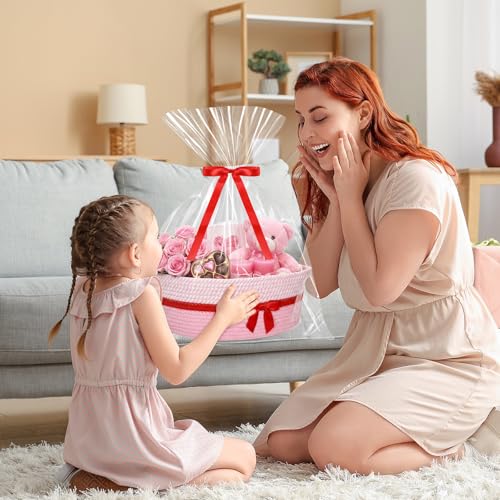 Image of Colingmill 1 Set Woven Basket for Gift Empty with Cellophane Wrap Set 14 x 10 x 5.5 Inch, Medium Decorative Gift Basket Empty to Fill, Cotton Rope Storage Box Decor (Pink Red)
