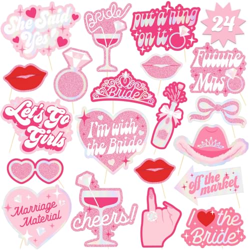 xo Fetti Bachelorette Photo Booth Props - 24 Pieces pre-Assembled - Rose Gold Future Mrs Party Decorations Bride to Be Bridal Shower