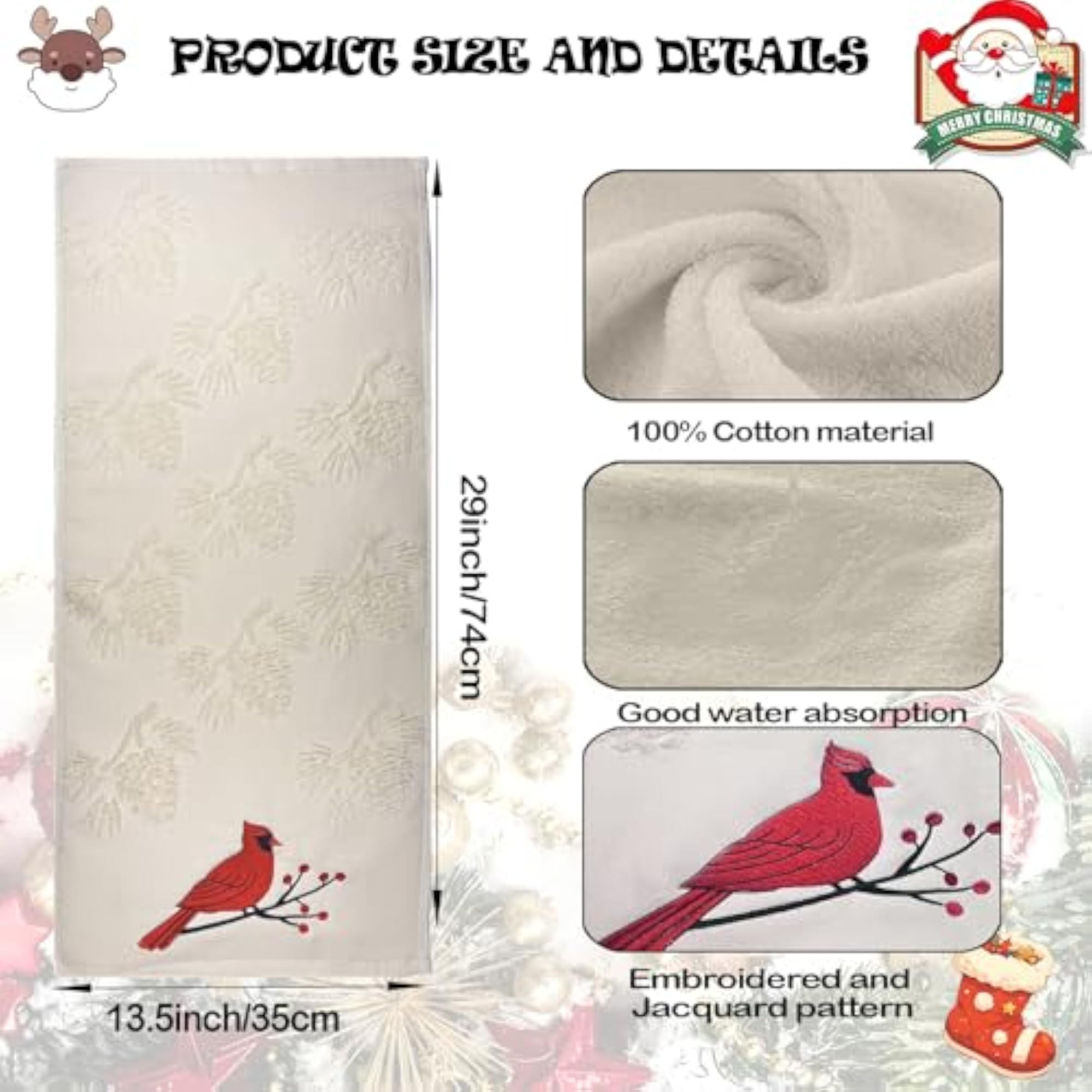 Cotton Jacquard Pine Cone Embroidered Christmas Hand Towels Set