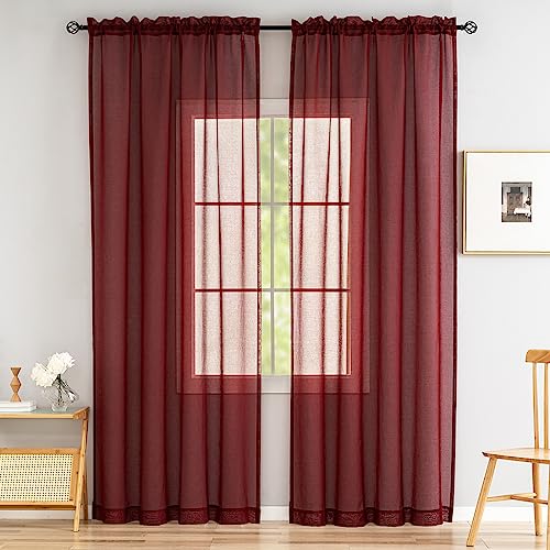 Image of Sheer Curtains 84 inch Length 2 Panels Set, Semi Sheer Privacy Curtain Drapes, Burgundy Rod Pocket Window Treatments Voile Curtains for Windows Living Room Bedroom Sunroom French Doors, 52 inchW x 84 inchL