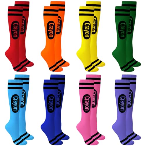 Apragaz - Apragaz Halloween Costume Crayon Socks 8 Colors Set – Colorful Knee-High Socks for Adults & Teens Back to School Fun Party, Soft & Stretchy Crew Tube Sock for Costumes, Sports & Daily Wear