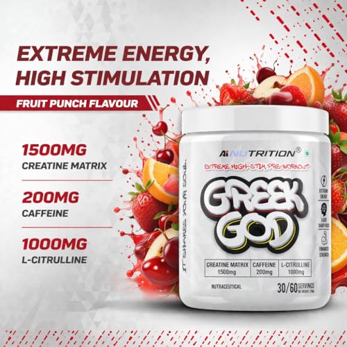 Image of Greek God Pre Workout | Extreme High Stim | 200mg Caffeine, 3000mg Beta-Alanine, 1000mg Citrulline, Black Pepper Extract | Explosive Energy & Focus (30 Servings, Mixed Fruit)
