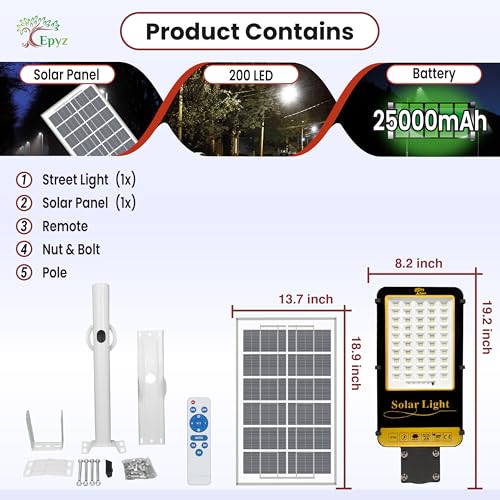 Image of Epyz 100 Watt Semi-Integrated Solar Street Light Aluminium Body Outdoor with Remote and Dusk to Dawn for Garden, Street, Lawn [ 200LED, 25000mAh, Pack of 1, Cold White Light ]