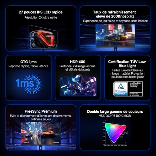 XIAOMI G27Qi 2026 Moniteur Gaming 2K 27 Pouces, 200Hz, 1ms GTG, FreeSync Premium, HDR400, IPS, 100% sRGB, 95% DCI-P3,Certification TÜV Hardware Low Blue Light (2560 x 1440/HDMI 2.0/DP 1.4)