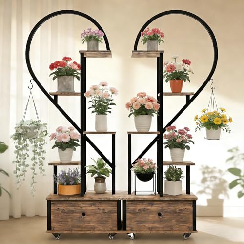 Heart Shaped Indoor Plant Stand with Rolling Storage Cabinet & Drawer Multi-Tier Plant Shelf with Hanging Hooks & Casters for Home Office Living Room Patio Balcony Rustic Brown 2 Pack