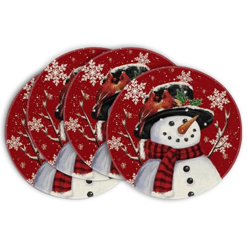 Artoid Mode Red Snowman Let It Snow Winter Placemats Set of 4, 15 Inch Seasonal Christmas Xmas Round Table Mats for Dining Decoration