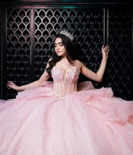 Puffy Tulle Quinceanera Dresses Sparkly Lace Ball Gown Strapless Sweet 16 Dresses2
