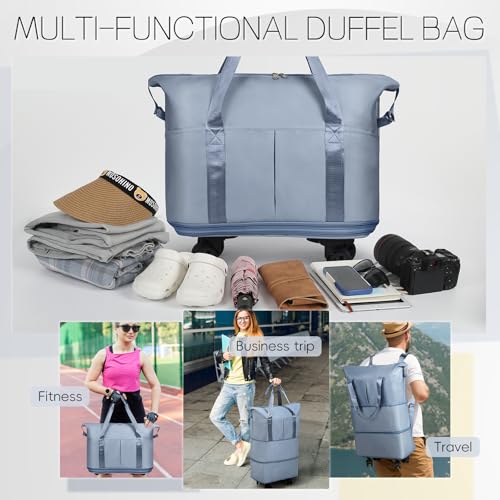 VOOWO Duffel Bag with Wheels - Rolling Foldable Expandable Duffle Bag with Wheels for Travel, Rolling Luggage Bag Carry On Travel Bag with Wheels, Large Wheeled Overnight Weekender Bag (Blue) by VOOWO - Used condition - Image 6