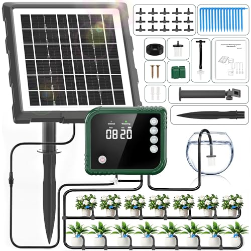 Vordyn Solar Bewässerungssystem für Balkon Pflanzen mit LCD-Display,350 Automatische BewäSserung Timer Modi,Automatische Tropfbewässerung für 15 Pflanzen mit 15M Schlauch,3W Bewässerun