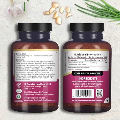 Hochwertige geruchlose Knoblauchkapseln | 45.000 mg pro Softgel | 200 Softgels (keine Tabletten) Superhohe Wirksamkeit | Kaltgepresster und desodorierter Premium-Knoblauchöl-Extrakt aus Allium Sativum