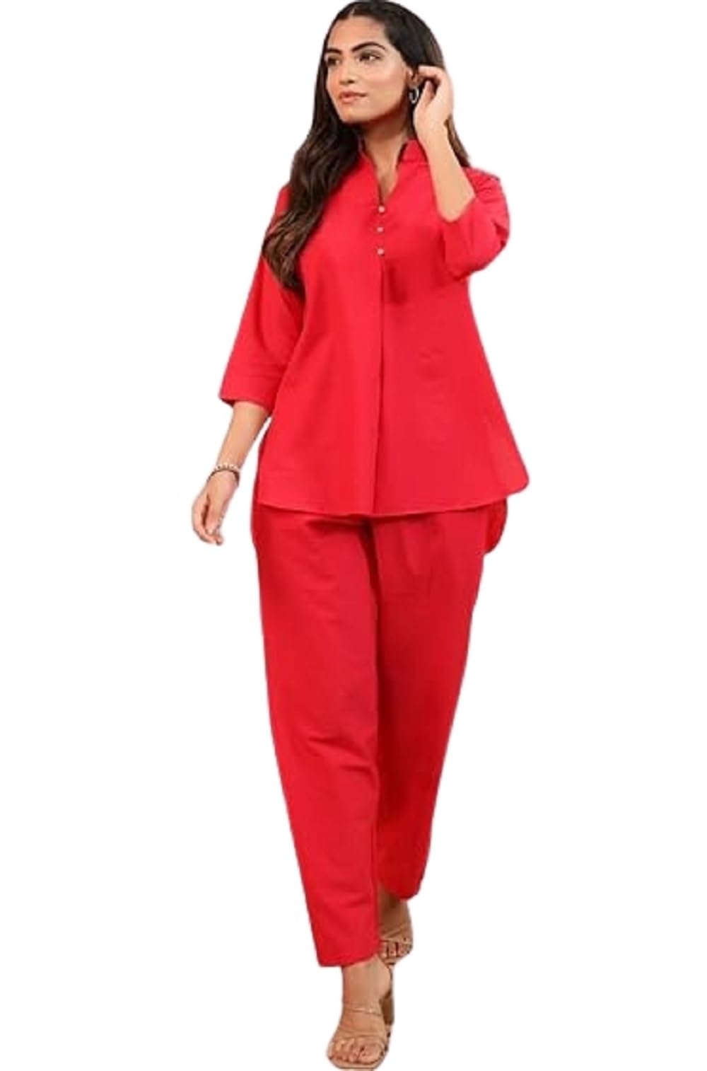 Rangrika.in Solid 3 Button Co Ord Set for Women Straight Fit Top and Pant Set Minimal Stylish Outfit for Office Wear Casual Daily Wear Comfortable Fashion (Cherry Red-XL)-picture-28