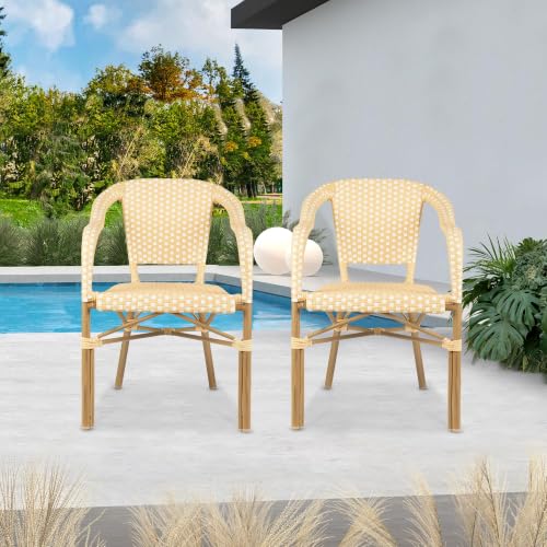 Image of PURPLE LEAF French Bistro Chairs with Arms Set of 4, Bamboo Finish, Yellow