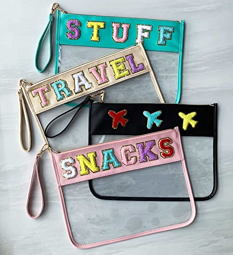 Image of Chenille Letter Clear Bag Purse Multi-purpose Transparent Waterproof Snacks Makeup Tote Bag with Wrist Strap