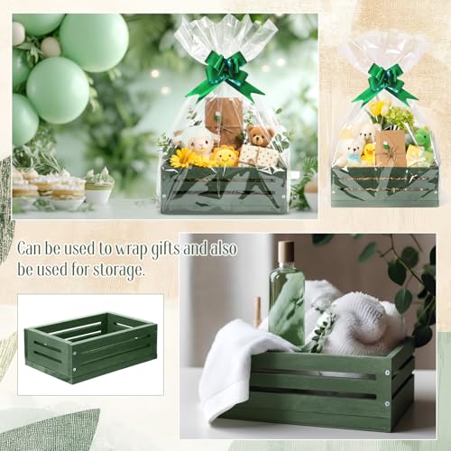 Image of Wonderjune Wooden Baskets for Back to School Gifts Empty Wood Basket with Cellophane Bag Ribbon Greeting Card for Birthday Baby Shower Wedding Housewarming Gifts Packaging(Green,Small)