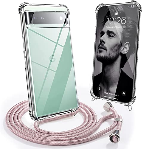 Mkej Coque pour Google Pixel 7 avec Cordon de Collier, Coque avec Cordon Transparent TPU Housse, Collier RéglableTéléphone Portable Lanyard Case Google Pixel 7, Or Rose Cover