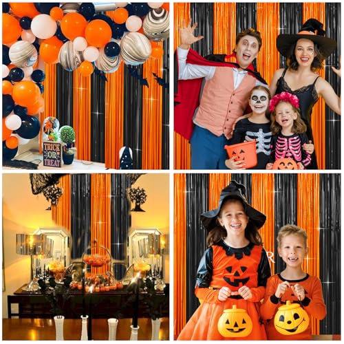 Image of 4 Packs Halloween Foil Fringe Curtain, Orange and Black Metallic Tinsel Backdrop for Birthday, Baby Shower, Bachelorette, Halloween Party Decorations Favors Supplies Indoor Outdoor