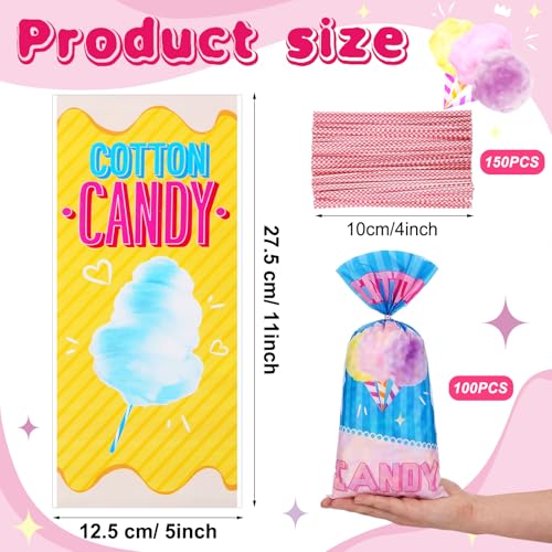 Image of Karenhi 100 Pcs Cotton Candy Bags with Ties，Carnival Birthday Party | 100 Pack Cotton Candy Treat Bags For Circus Party Favor, Twist Tie Seal, Small Snack Cones, 100 Pack