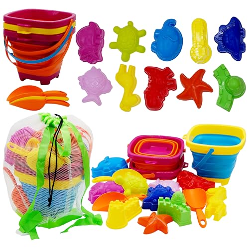 4E's Novelty - 4E's Novelty 17 Pcs Beach Toys for Kids Travel - Sandcastle Building Kit 3 Collapsible Beach Bucket, 3 Shovels, 10 Sand Molds & Mesh Beach Bag, Collapsible Beach Toys for Kids
