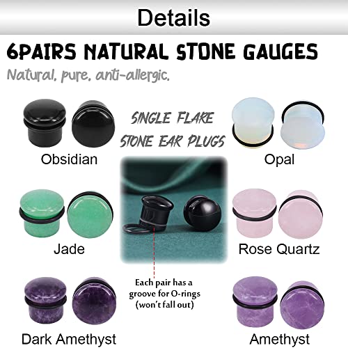 PunkTracker 6Pairs 4g-11/16” Multiple Stone Single Flared Ear Plugs with Silicone O-Ring Expander Gauges3