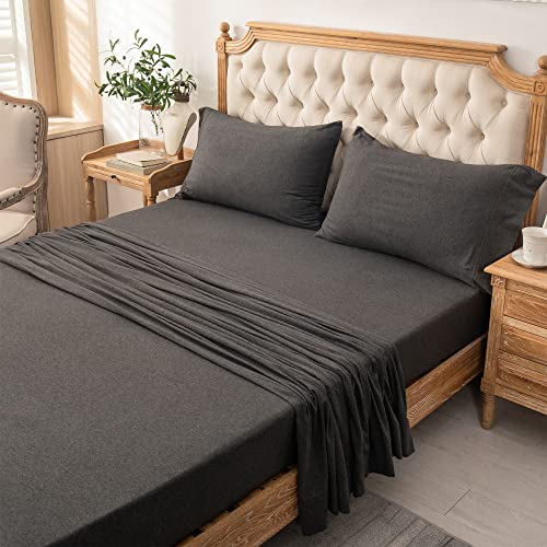 PURE ERA Jersey Knit 4pc Bed Sheet Set 100% T-Shirt Heather Cotton Super Soft Comfy Breathable Fits Mattress Up to 20" Extra Deep Pocket (Charcoal Dark Grey, Cal King)