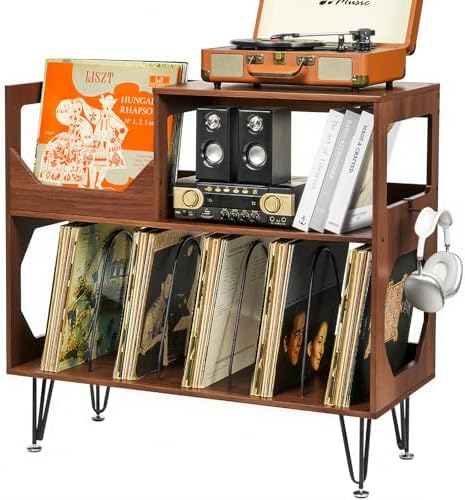 ikkle Record Player Stand with Vinyl Storage, Large Record Player Table Cabinet for Album Storage, Vinyl Display Shelf Holds Up to 370 Albums, Wood Turntable Stand for Living Room, Bedroom, Walnut