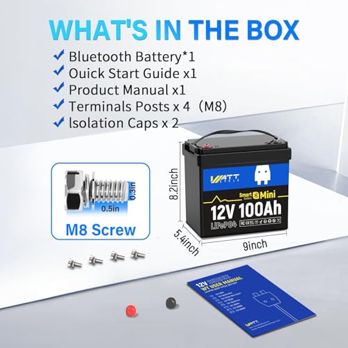 Image of Wattcycle 12V 100Ah LiFePO4 Lithium Mini Battery with Bluetooth, Smart 100A BMS - 15000 Cycles, Mini 12V Lithium Battery for RV, Marine, Boat, Trailer Group 24 Lifepo4 Battery