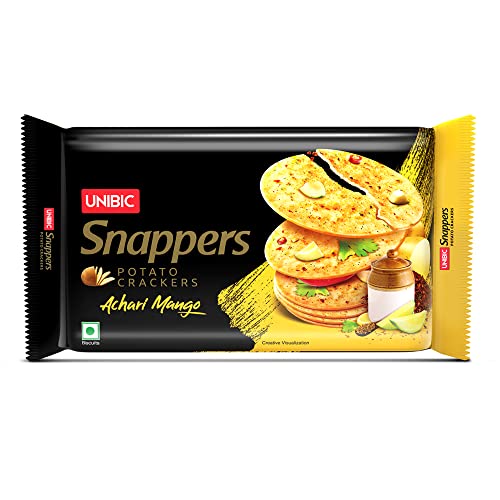 Image of UNIBIC Snappers, Assorted Pack | Potato Crackers | Cream n Onion, Indi Spice, Achari Mango | (Pack of 3), 900g | Potato Biscuits