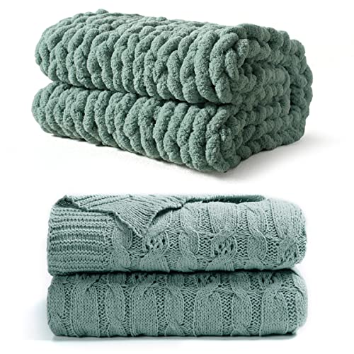 Carriediosa Chunky Knit Throw Blanket & Cable Knit Throw Blanket， 50" X 60" Sage Green #TOP18