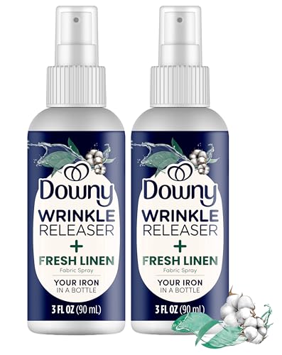 Downy Wrinkle Releaser Spray All In One Wrinkle Release Spray Travel Size, Odor Eliminator, Static Remover Fabric Refresher & Ironing Aid for Clothes 3 Fl Oz (Pack of 2), Crisp Linen Scent