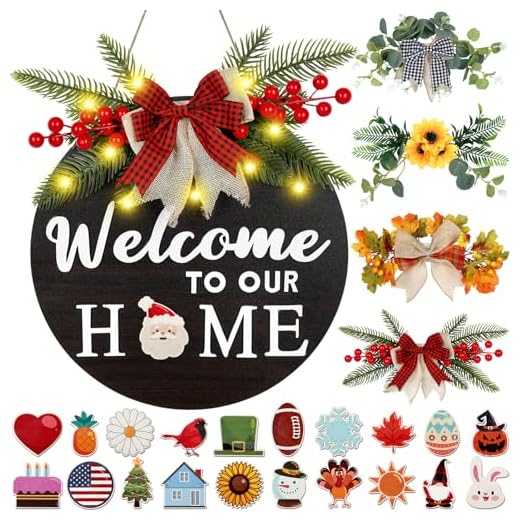 EgticLive Interchangeable Welcome Sign for Front Door, Farmhouse Front Door Signs with 4 Seasonal Wreaths and 21 Changeable Icons for House Door Porch Decor