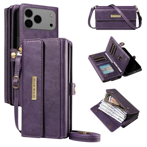 Étui iPhone 15 Pro Max violet en cuir avec portefeuille RFID et bandoulière