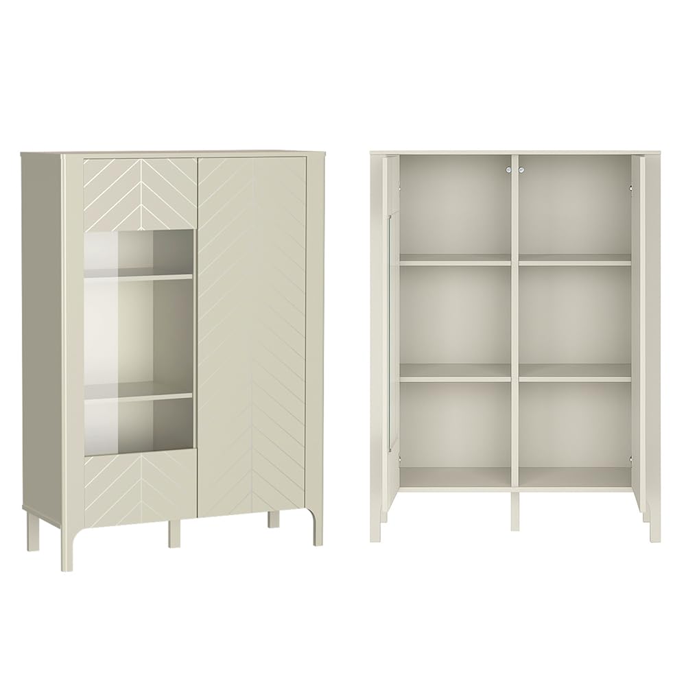 Lomadox Wohnwand in Kaschmir mit Lowboard, Vitrine & Highboard – Modernes Wohnzimmermöbel-Set im Fischgrät-Design mit Softclose