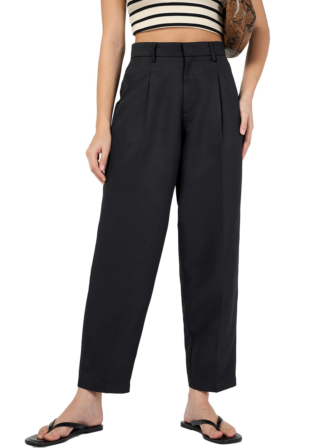 Bewakoof Women's Solid Tapered Fit Polyester Blend Ankle Length Casual Pants in neutral