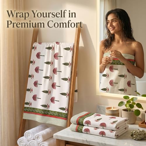 Image of Mafatlal Madhuban Quick Dry Waffle Set (1 Bath 147x76 cm + 2 Hand 76x38 cm) | 250 GSM |Cotton, Lightweight, Hand Printed | Courtyard Color