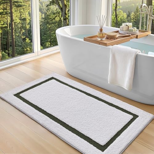 Image of Color&Geometry White Bathroom Rugs 43x24, Extra Soft Absorbent Microfiber Bath Rugs, Non-Slip Bathroom mat, Washable Plush Bath Mats for Bathroom, Shower, Bathtub, Laundry, White Green