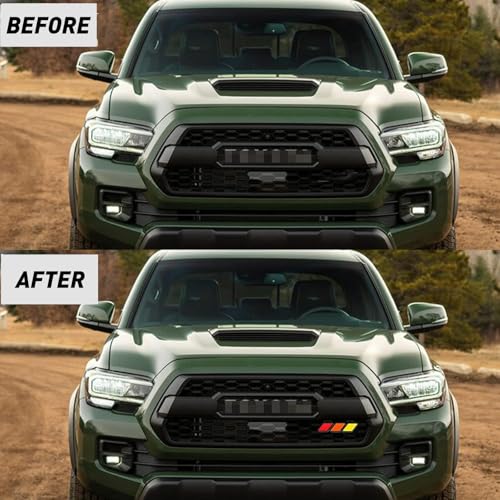 Image of Tri-Color Grille Badge Emblem Decoration Accessories Car Truck Label Tacoma Accessories Compatible with Tacoma 4Runner Tundra Sequoia Rav4 Highlander (Red,Orange,Yellow)