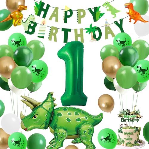 Dino Geburtstag Deko,Rainllon Geburtstagsdeko 1 Jahr Jungen,Dinosaurier Kindergeburtstag Deko 1,Grüne Luftballons 1 Geburtstag,Dino Folienballon für Dschungel Party Geburtstag 1 Deko Junge Mädchen