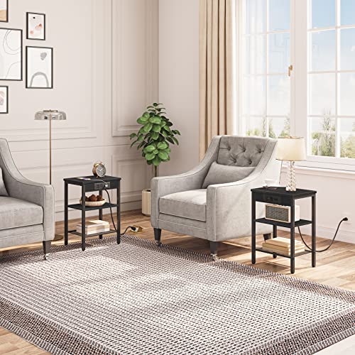Hoobro End Table Set Of 2 With Charging Station And Usb Ports, 3-Tier Nightstands With Adjustable Shelf, Narrow Side Table For Small Space In Living Room, Bedroom And Balcony, Black Bb112Bzp201 #TOP1