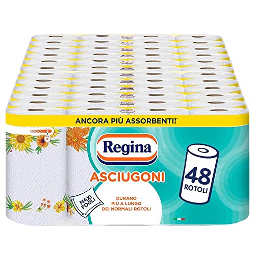 Secadores Regina Papel Cocina | Paquete de 48 rollos de 2 capas | 85 tiras por rollo* | Hojas maxi más grandes y más absorbentes | Papel 100% certificado FSC®