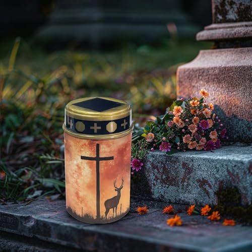 Image of Poceacles 4 Pieces Solar Powered Cross Lights - Flameless Cemetery Votive Candles, Waterproof Memorial Stake Lights for Outdoor Home Decoration, Deer Cross Galaxy Orange