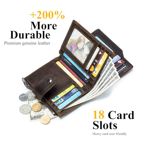 Large Capacity Wallets for Men RFID Blocking Men Wallet Leather with Coin Pocket, 18 Card Slots, Flap ID Window, Coffee2